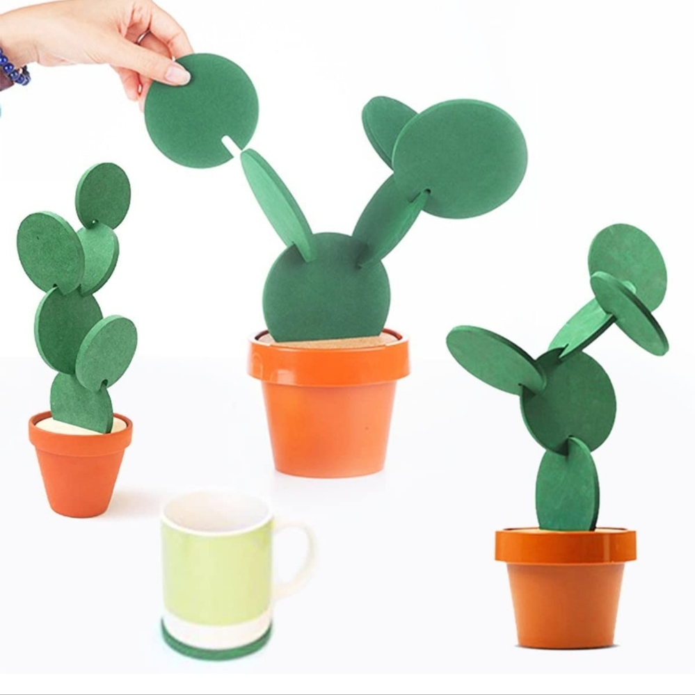 Cactus Coaster Set of 6 Pieces with Flowerpot Holder‎ for Drinks Novelty Gift